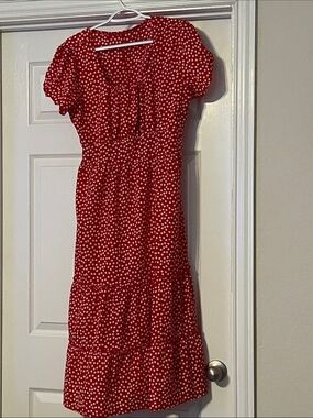 Red floral Midi Dress with Puff Sleeves